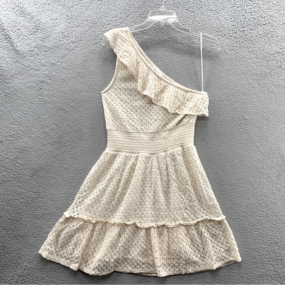 Mango MNG Stone Beige Cream Lace Crocheted One Shoulder Ruffle Boho Dress Size 8